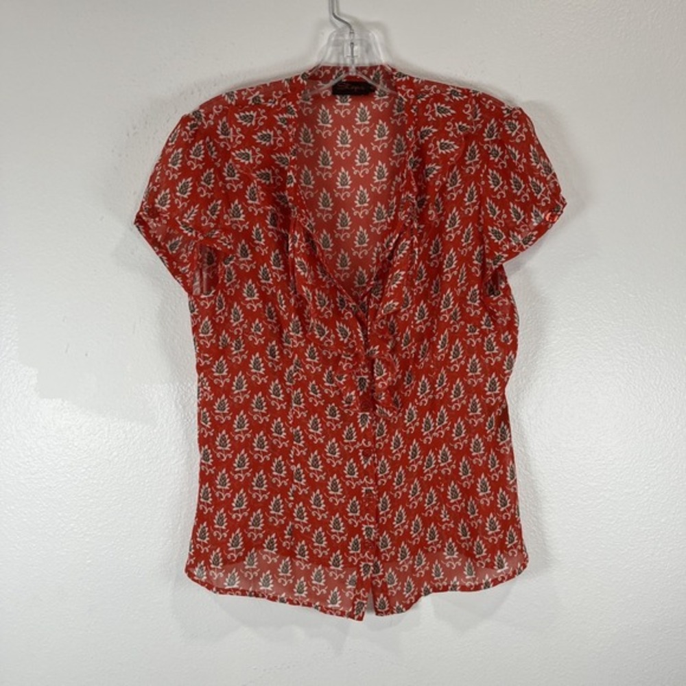 Women's Sheer Red Floral Crepe Button Down Ruffled Short Sleeve Boho Blouse EU40